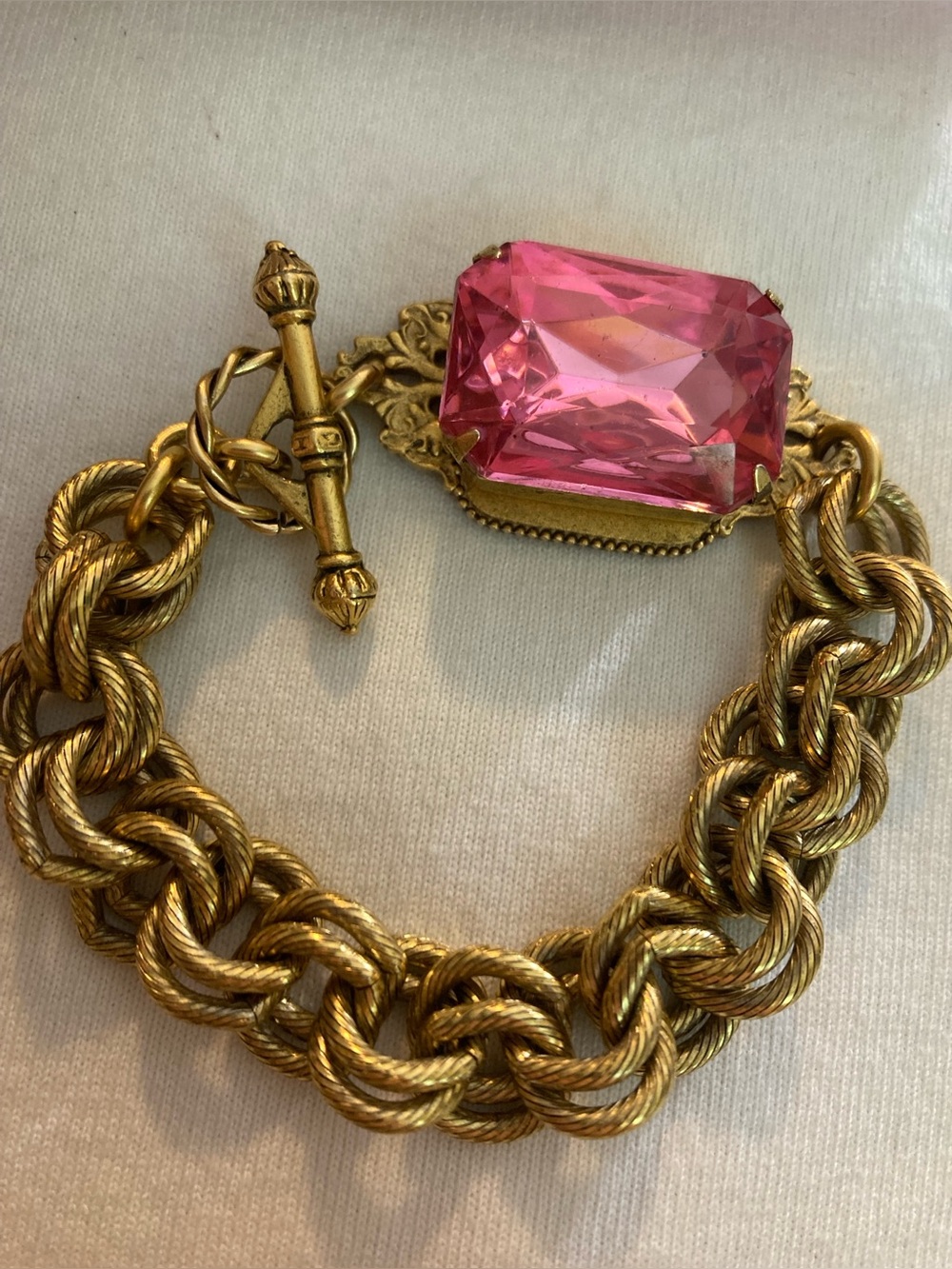 Jane Win Signed Pink Emerald Cut Crystal Chunky Chain Bracelet